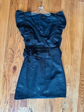 DO + BE Black Textured Ruffle Belted Mini Dress